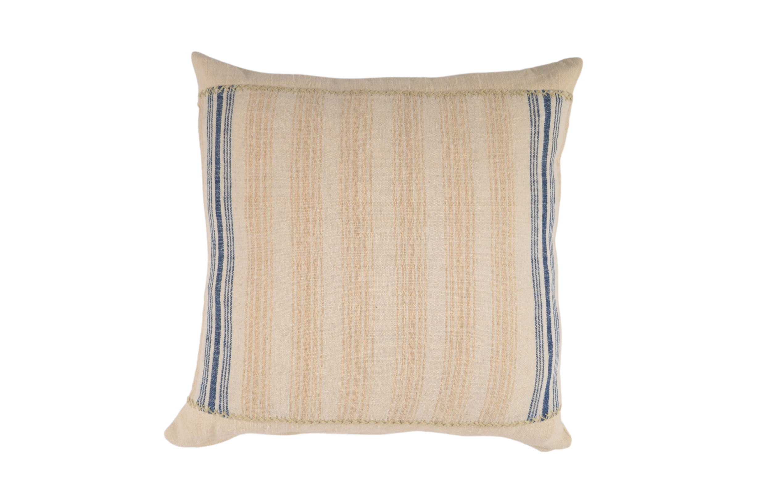 Handwoven antique hemp pillow with Bulgarian stripes and sustainable goose down insert.