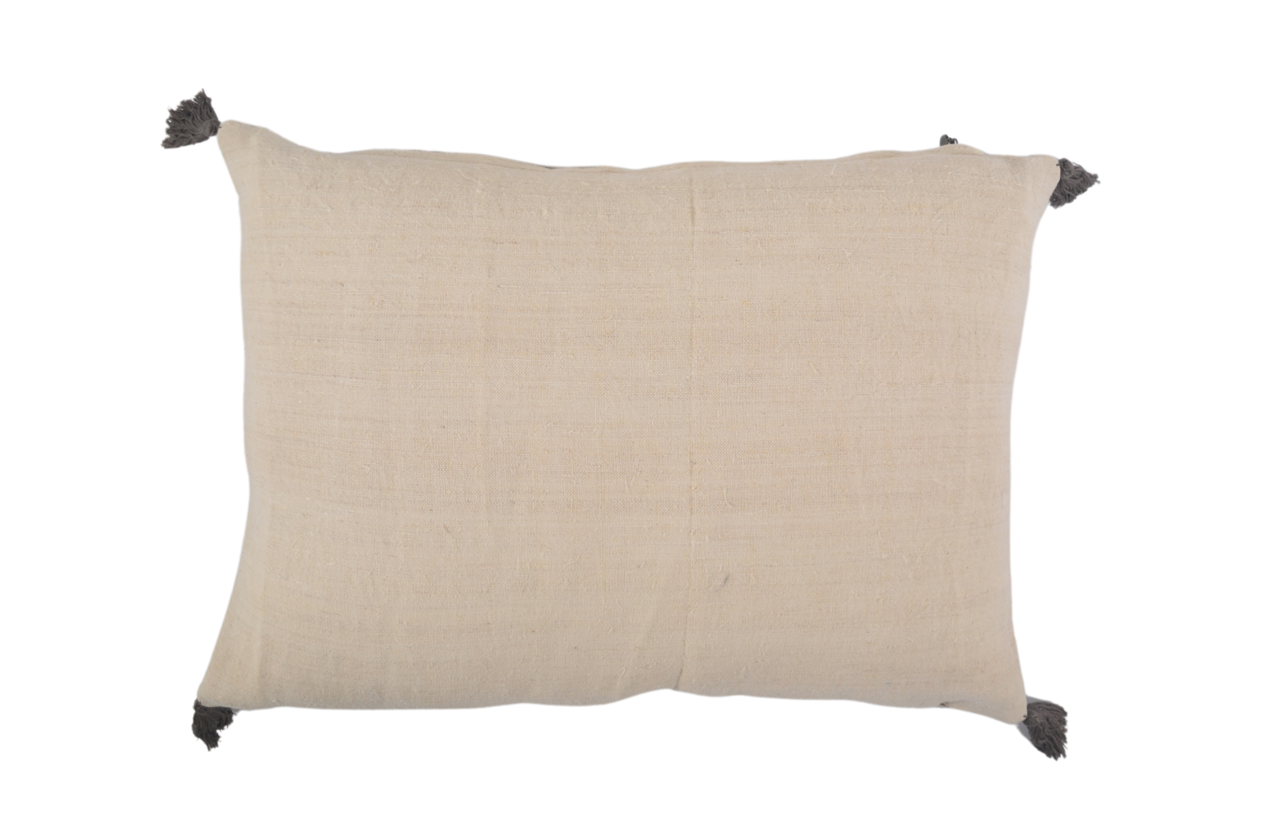 Handwoven antique hemp pillow with tassels and metal zipper.