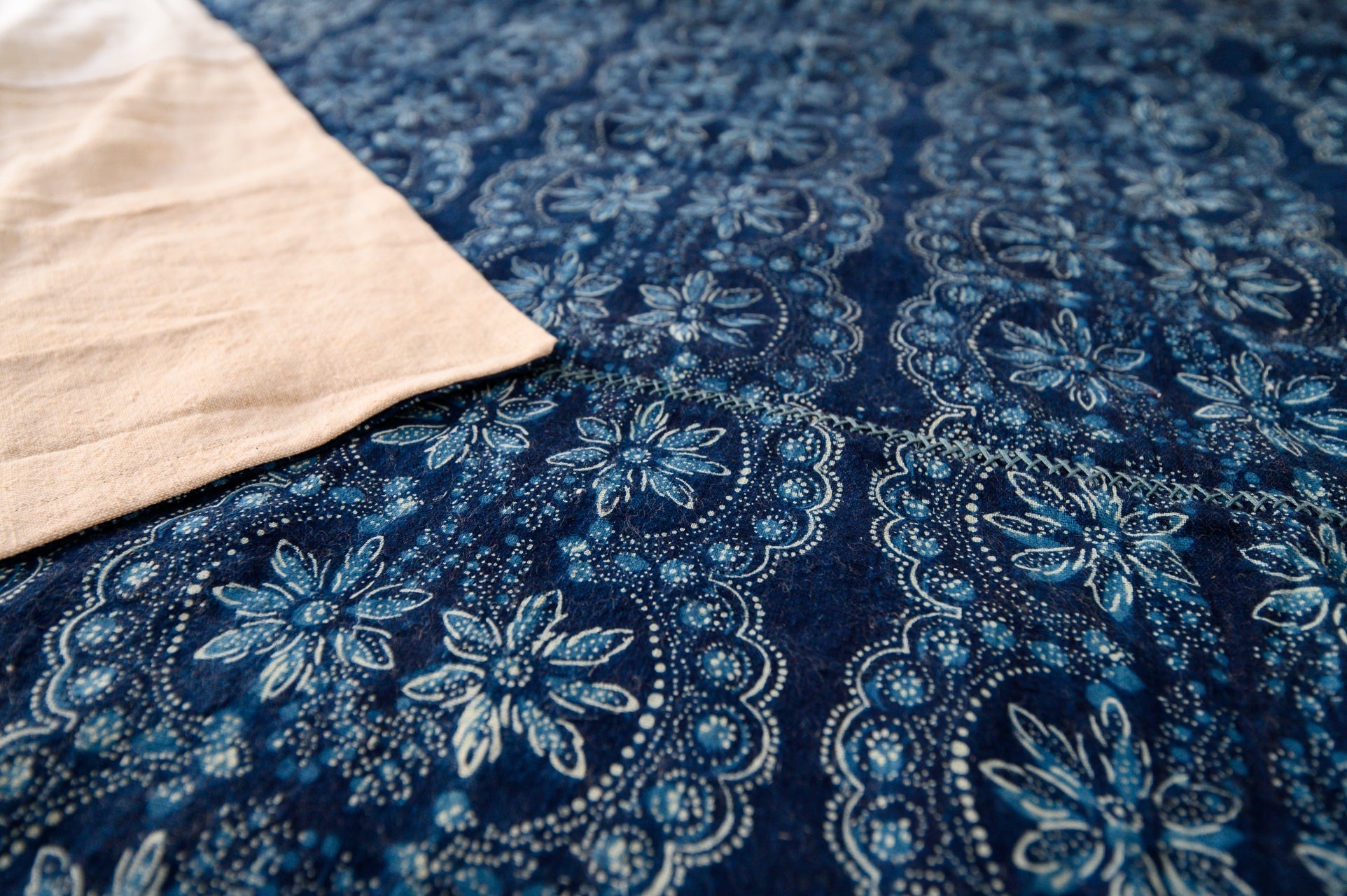 Organic hemp bed cover with indigo dye, handwoven and artisan crafted.