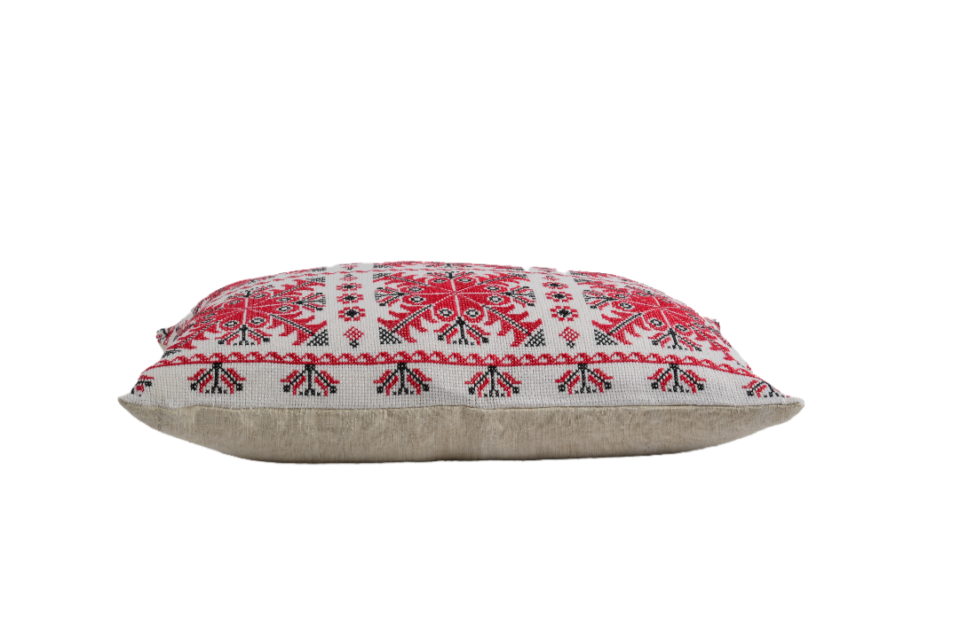 Embroidered handwoven Hungarian hemp pillow with traditional red patterns.