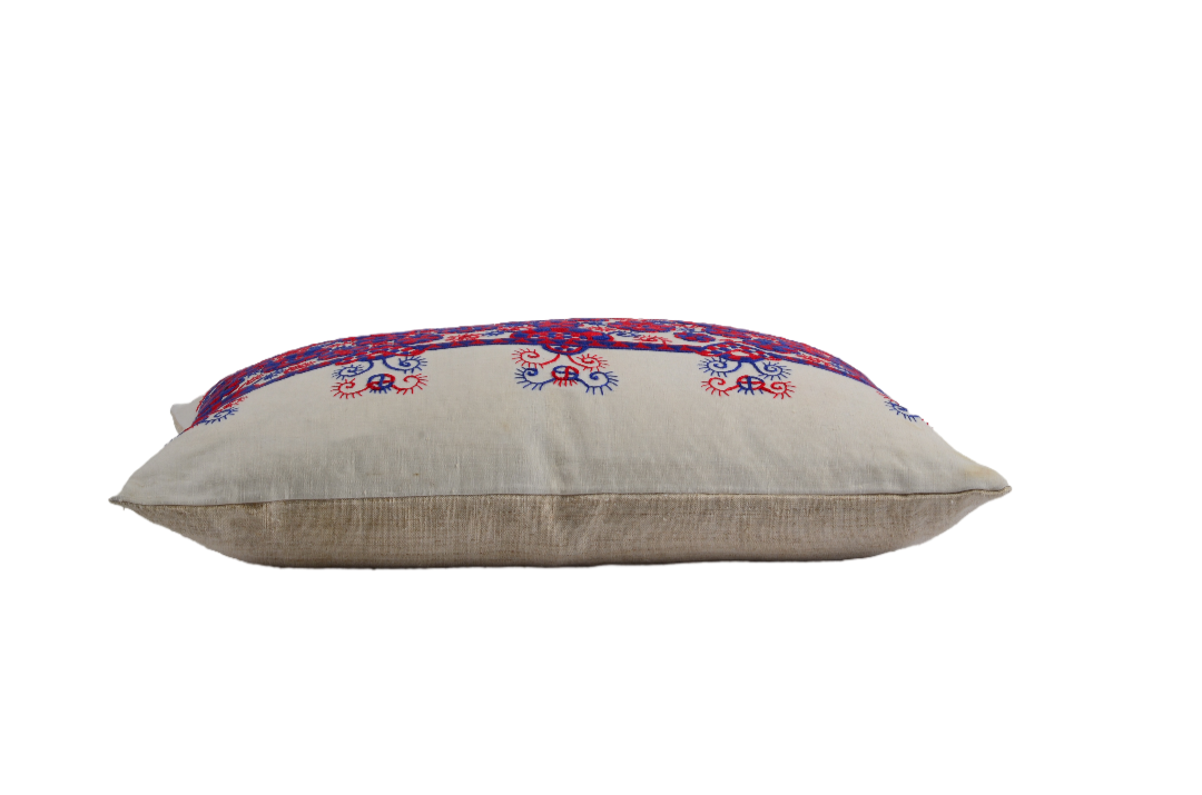 Embroidered handwoven antique Hungarian hemp pillow with custom recycled goose down insert.