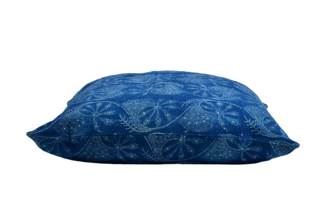 Handwoven antique Hungarian hemp pillow with indigo wax resist design.