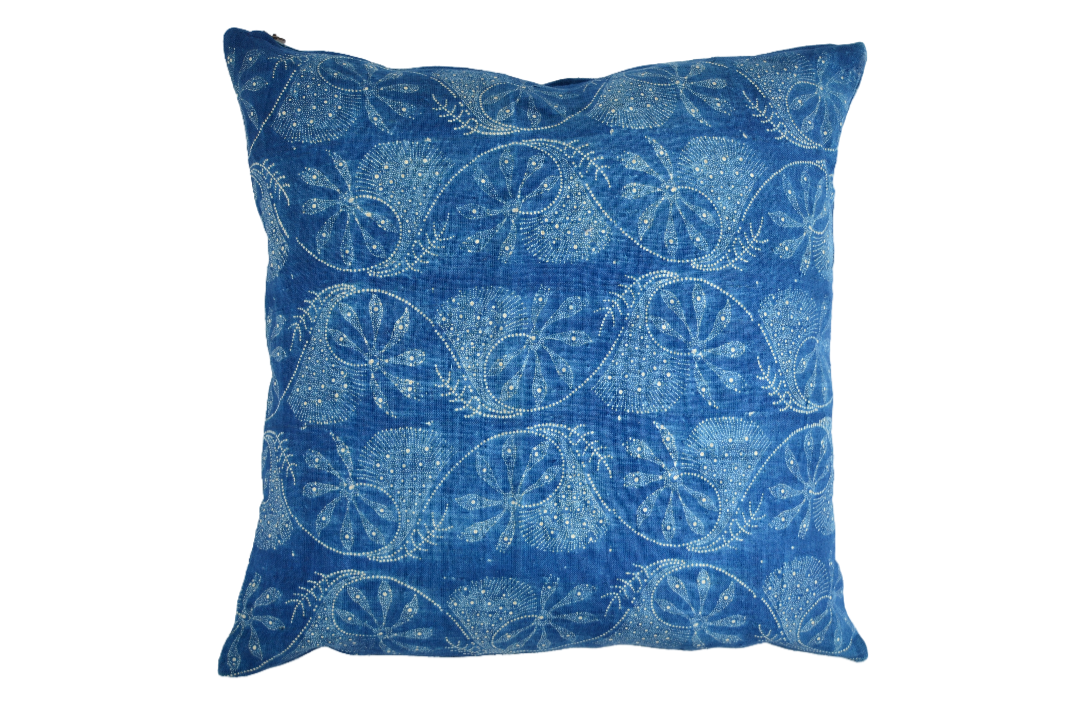 Handwoven antique Hungarian hemp pillow with wax resist indigo design.