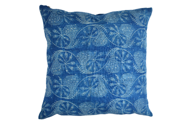 Handwoven antique Hungarian hemp pillow with wax resist indigo design.