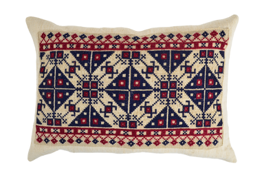 Embroidered handwoven antique Hungarian hemp pillow with intricate patterns.