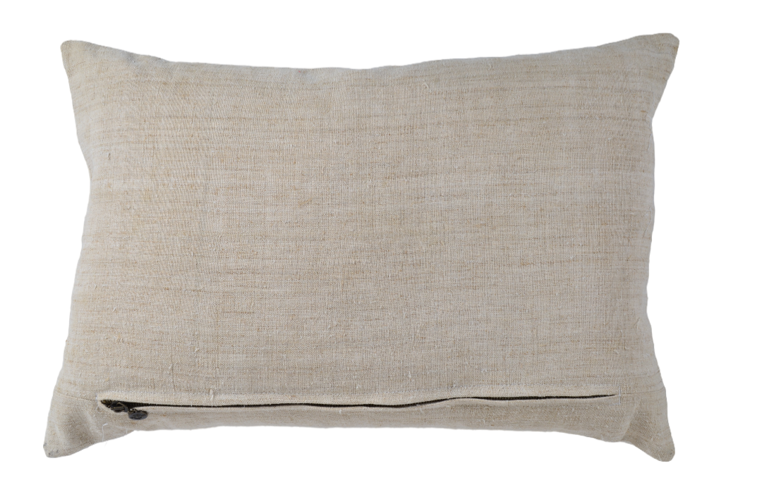 Embroidered handwoven antique Hungarian hemp pillow with metal zipper and recycled goose down insert.