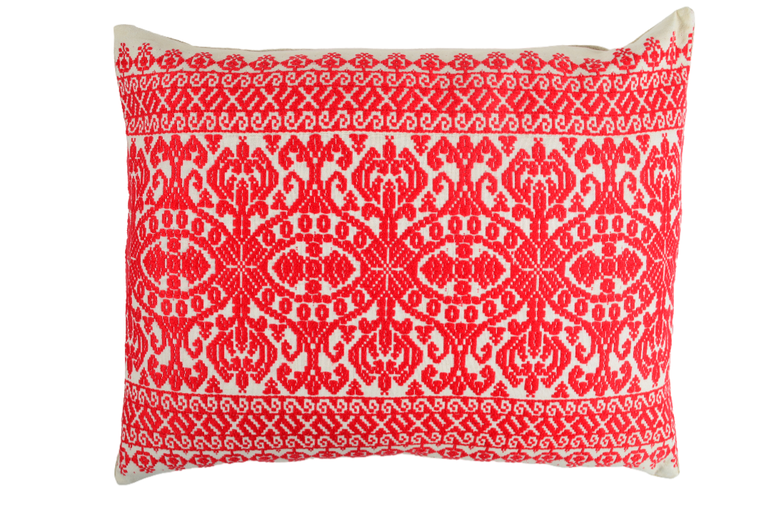 Embroidered handwoven antique Hungarian hemp pillow with red design.