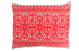 Embroidered handwoven antique Hungarian hemp pillow with red design.