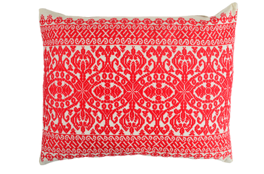 Embroidered handwoven antique Hungarian hemp pillow with red design.