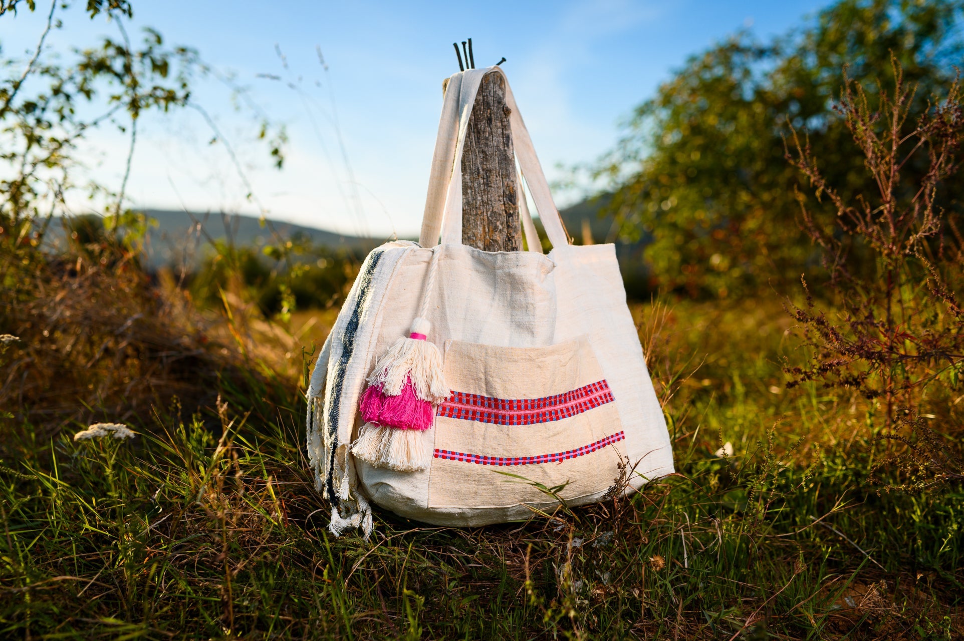 Antique grainsack bag handcrafted from vintage Hungarian hemp, with pockets, for eco-conscious use.