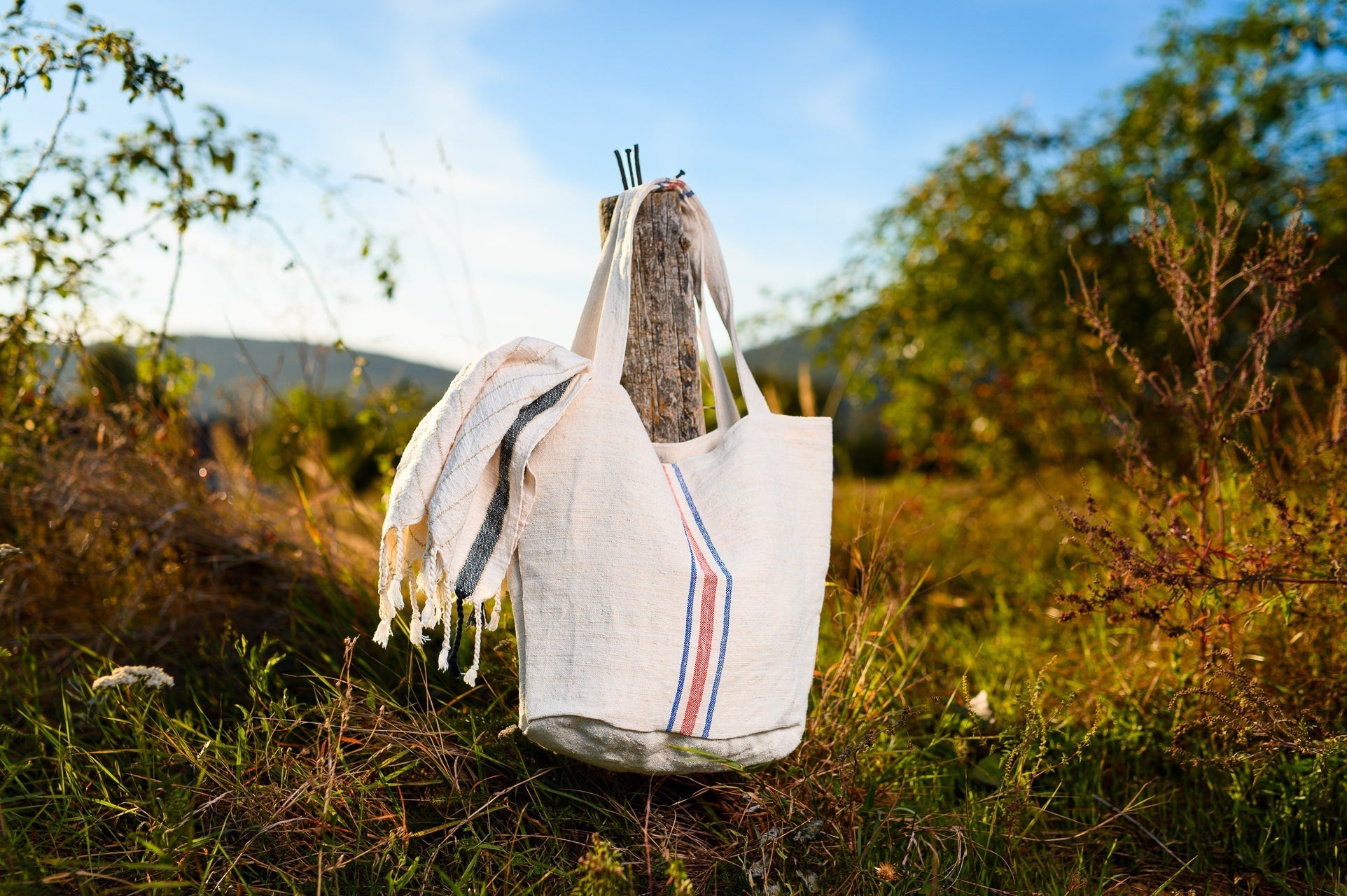 Antique grainsack bag from Hungary, handcrafted from organic hemp, with colorful stripe design, suitable for eco-conscious shopping.