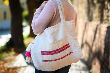 Antique grainsack bag from Hungary, handmade from vintage hemp, shown outdoors.