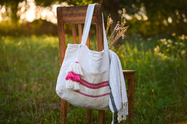 Antique grainsack bag from Hungary made of vintage handwoven hemp, displayed outdoors.