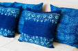 Handwoven antique Hungarian hemp pillow with wax resist indigo design.