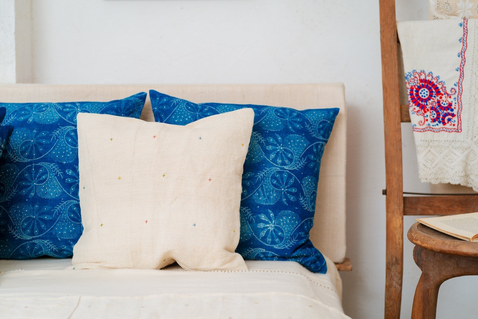 Handwoven antique Hungarian hemp pillow with indigo wax resist design.