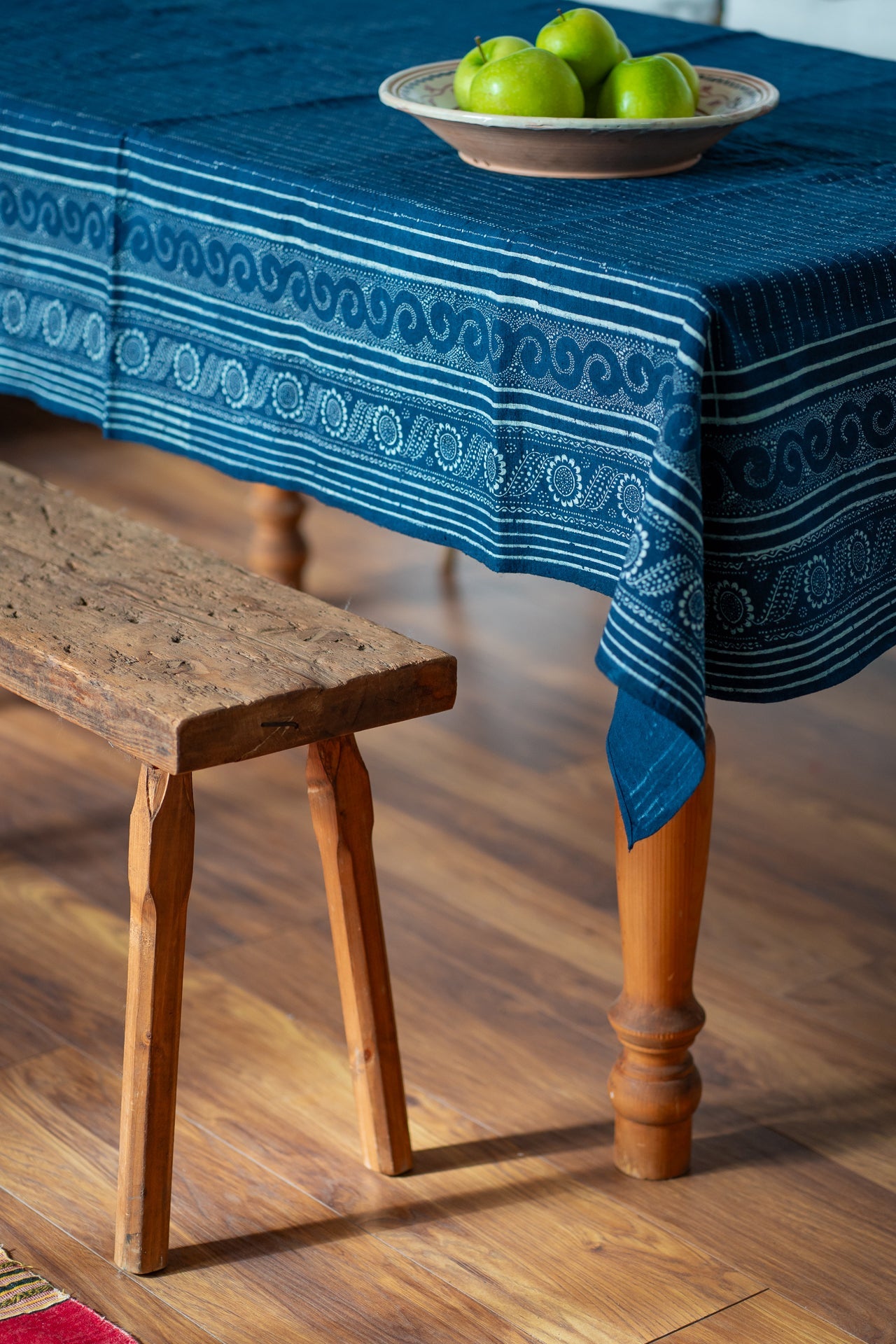 Antique handwoven Hungarian hemp table cloth with indigo wax resist design.