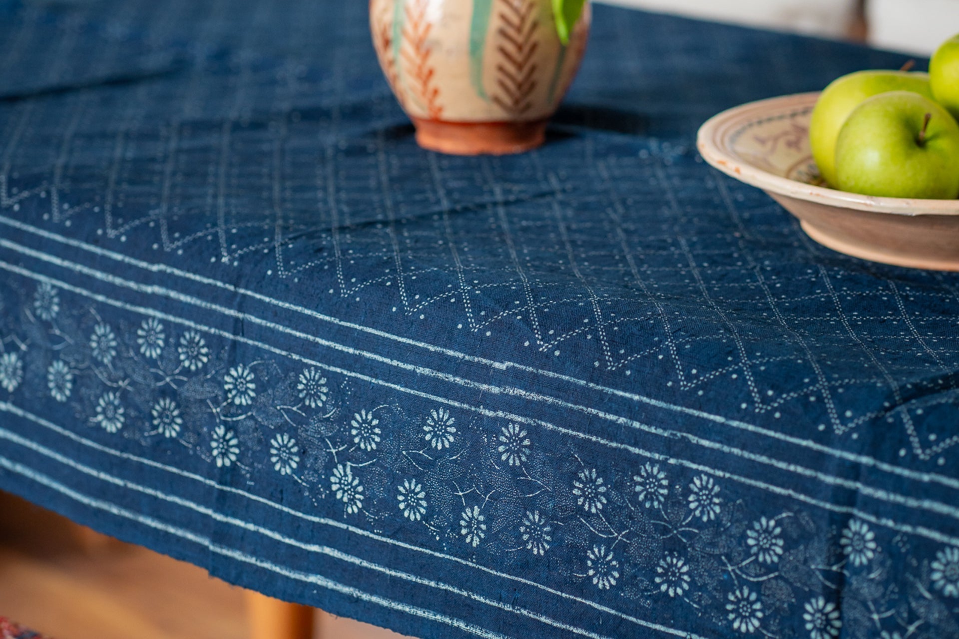 Antique handwoven Hungarian hemp table cloth with indigo wax resist design.