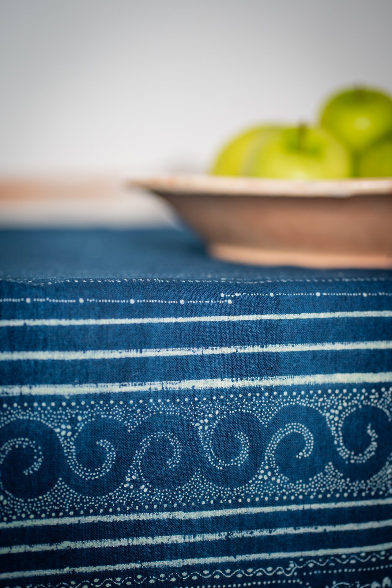 Antique handwoven Hungarian hemp table cloth with indigo wax resist pattern.