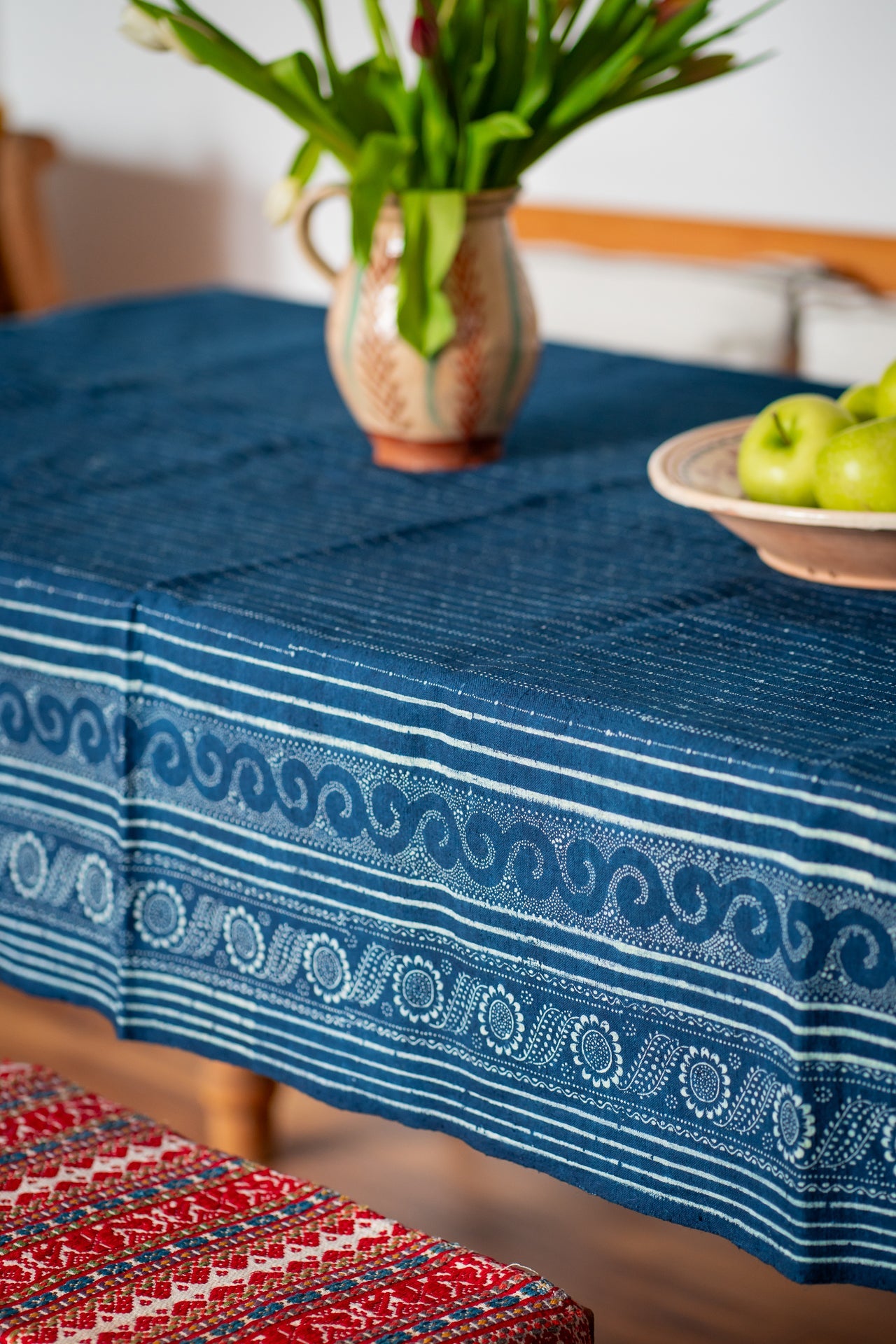 Antique handwoven Hungarian hemp table cloth with indigo wax resist design.