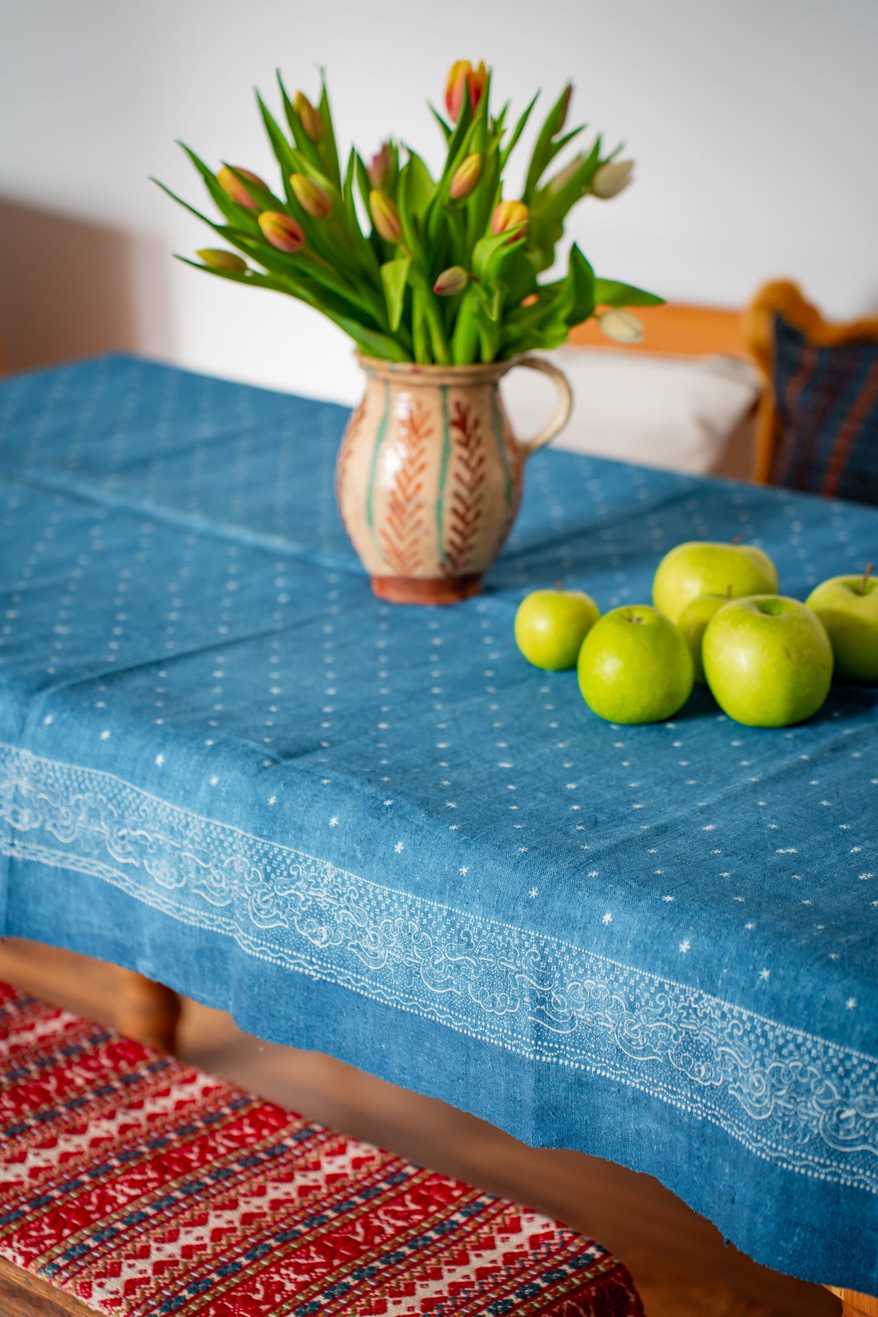 Antique handwoven Hungarian hemp table cloth with indigo wax resist design.