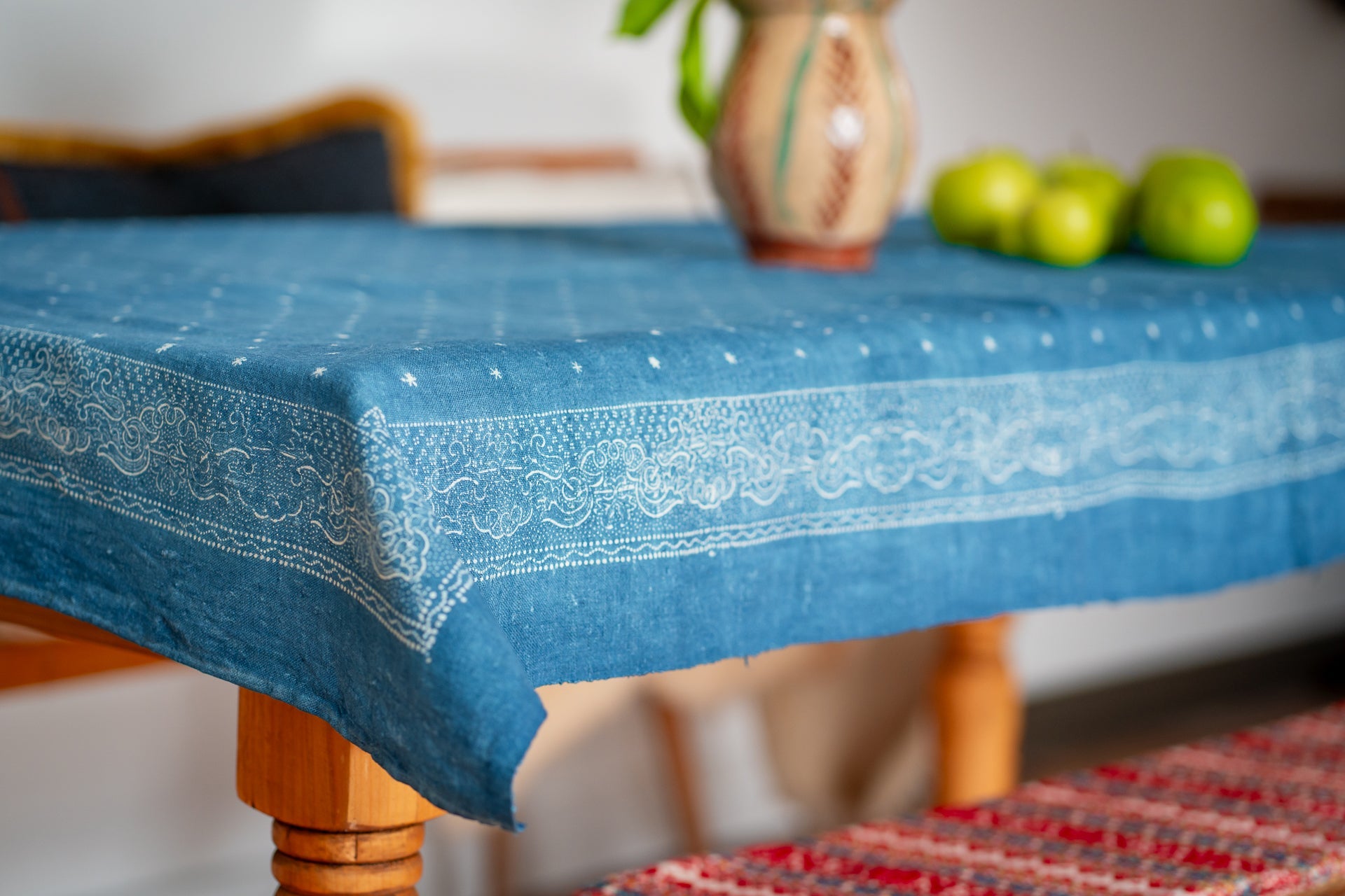 Antique handwoven Hungarian hemp indigo table cloth with heritage patterns.