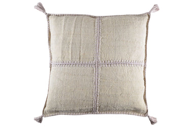 Antique Hungarian handwoven hemp pillow with mauve/taupe stitching and tassels.