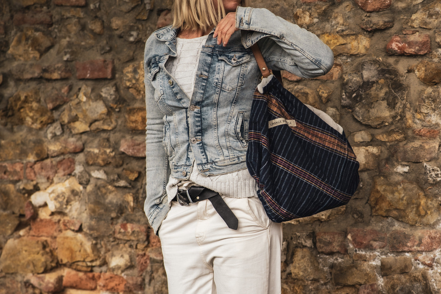 Bag: Handwoven antique cotton from Bulgaria, recycled leather belt - BG145