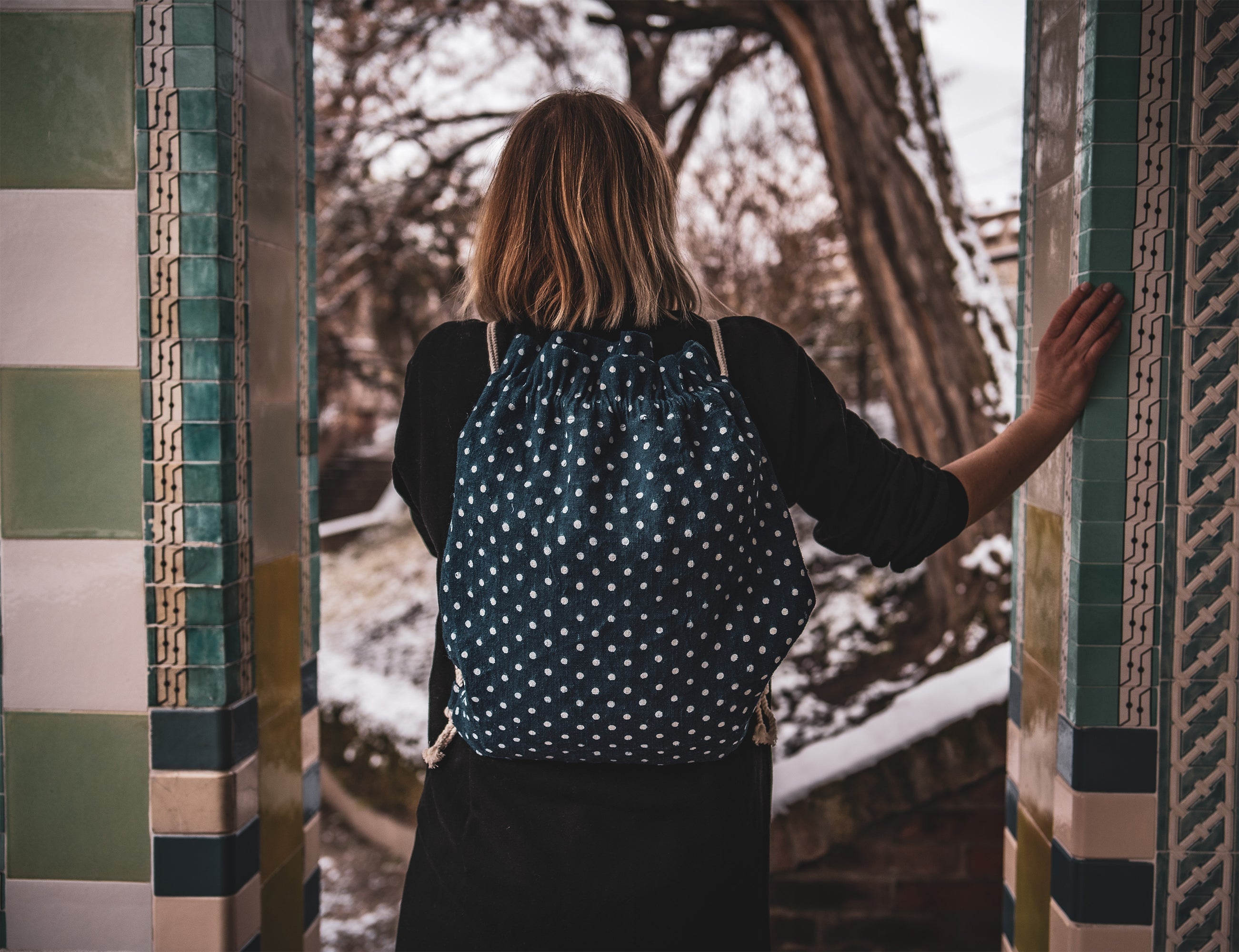 Backpack with wax resist indigo design on Hungarian antique handwoven hemp.