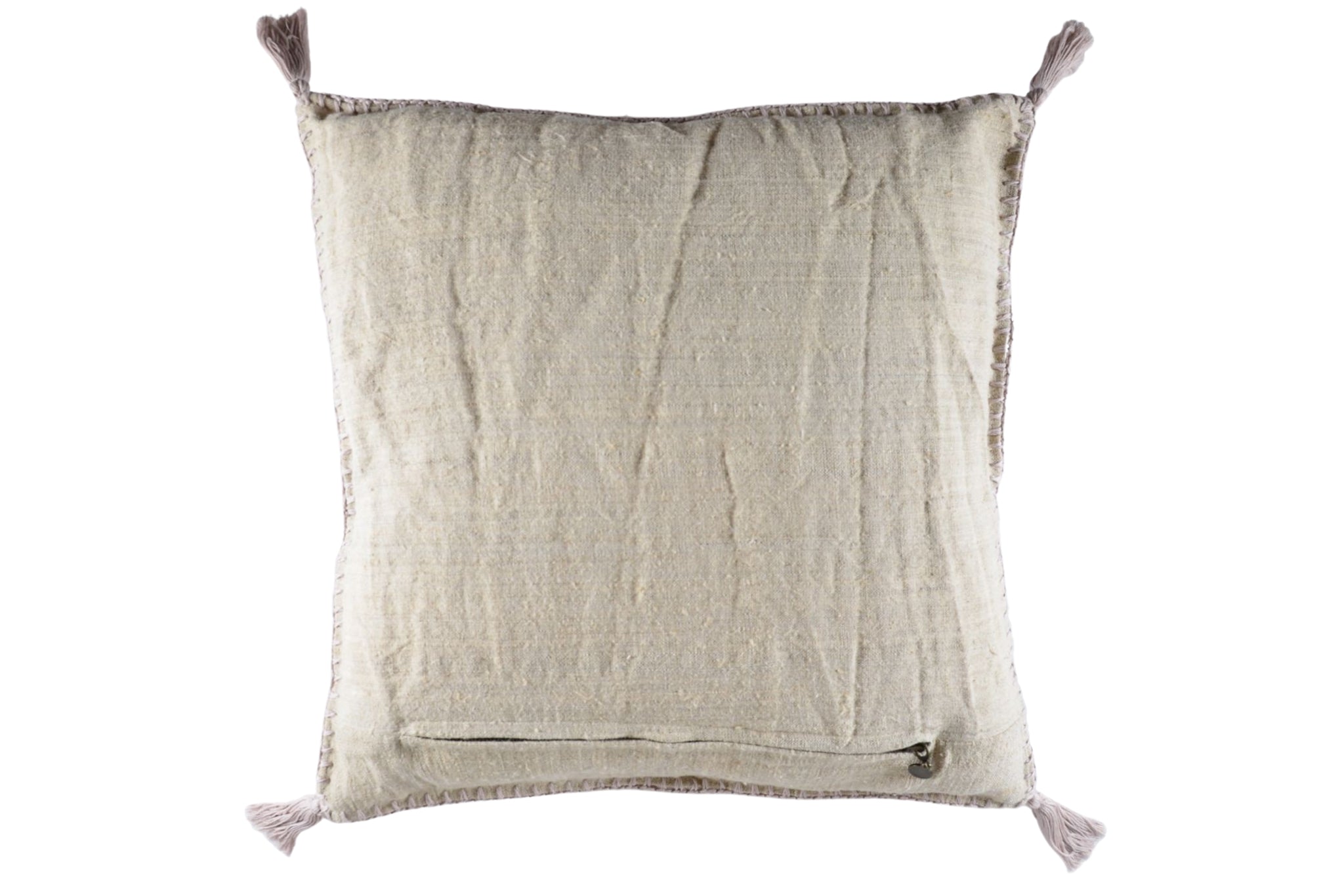 Antique Hungarian handwoven hemp pillow with mauve and taupe thread, hand-stitched, sustainable design.