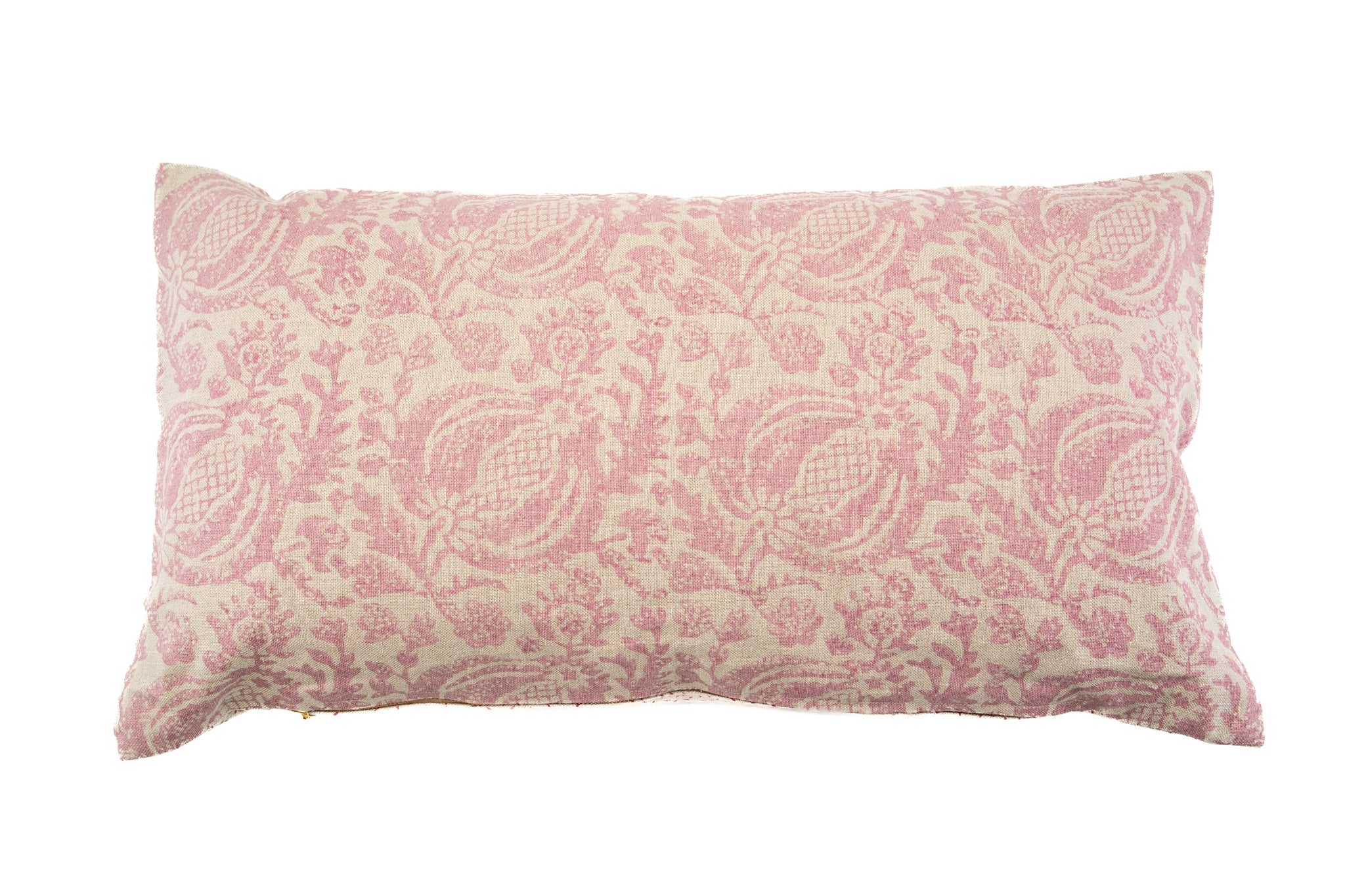 Hand printed linen pillow with pink floral design, artisan made in India.