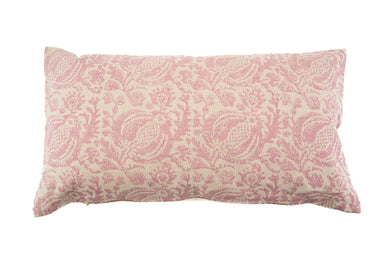 Hand printed linen pillow with pink floral design, artisan made in India.