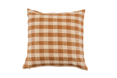 Handwoven cotton pillow with brown and beige checkered pattern.