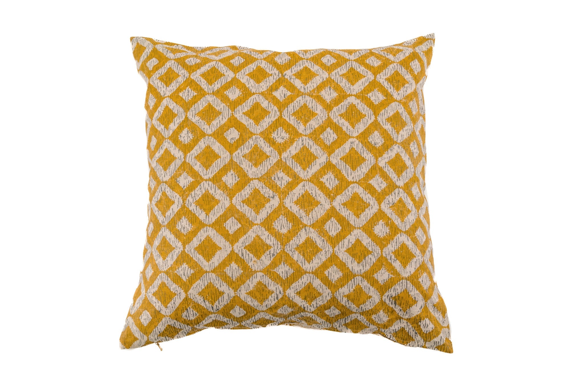 Artisan hand printed linen pillow with geometric design.