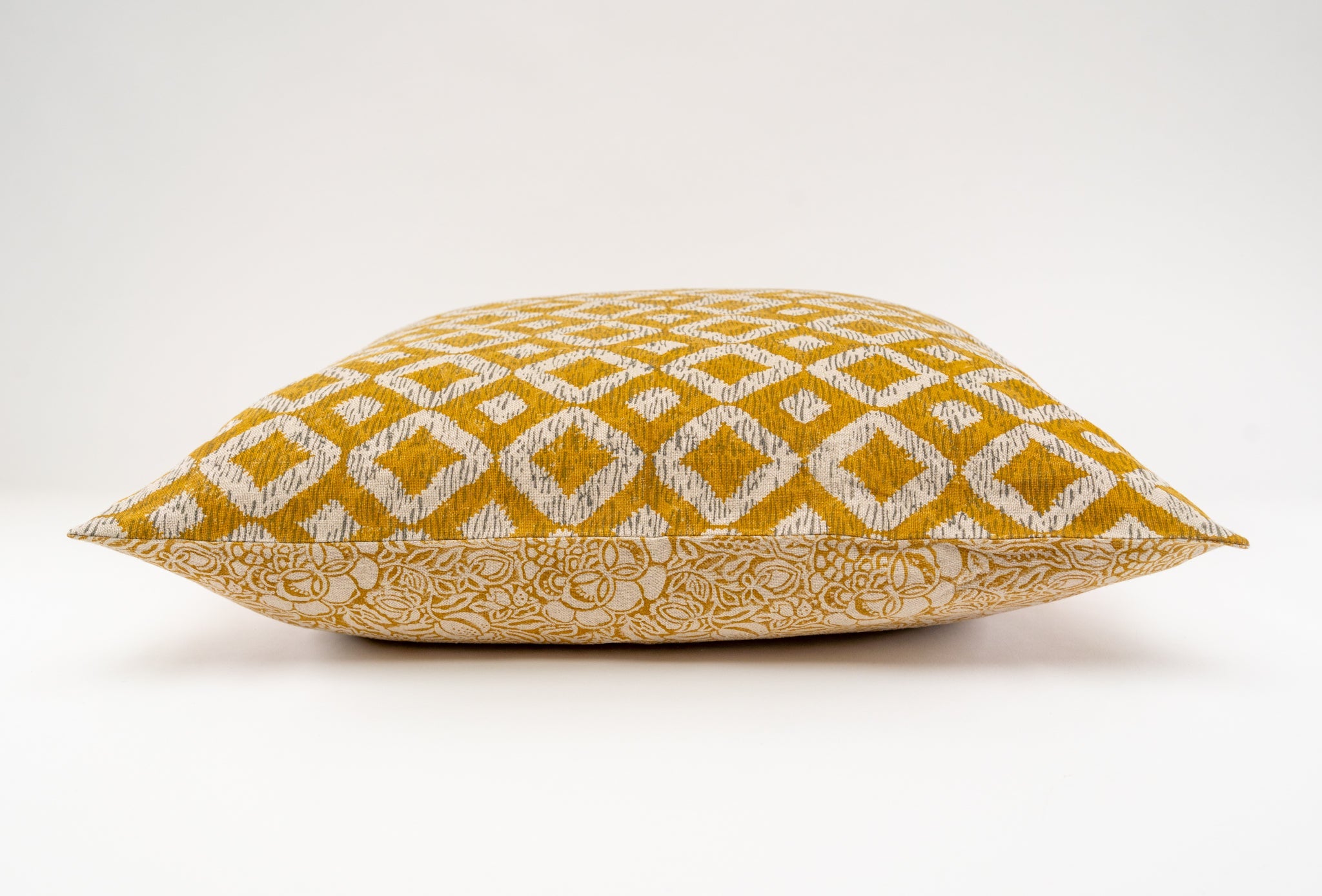 Hand printed linen pillow with geometric design, artisan made in India.