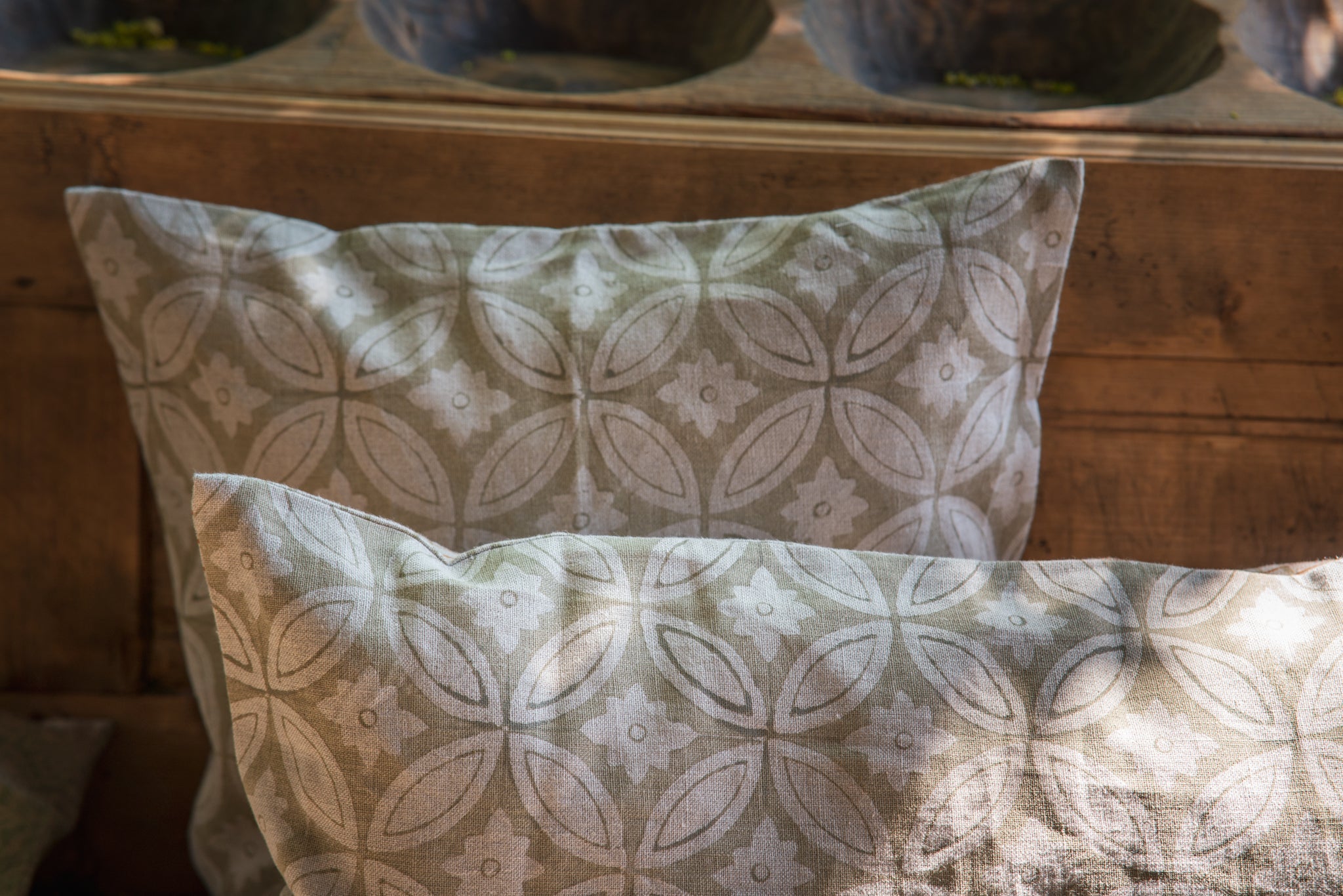 Hand printed linen pillow with organic dyes, artisan-made in India.