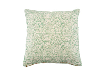 Hand block printed linen pillow with heritage print design.