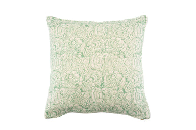 Hand block printed linen pillow with heritage print, sustainable artisan design.