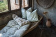 Hand block printed linen pillow with heritage print, featuring natural dyes and artisan craftsmanship for home decor accents.