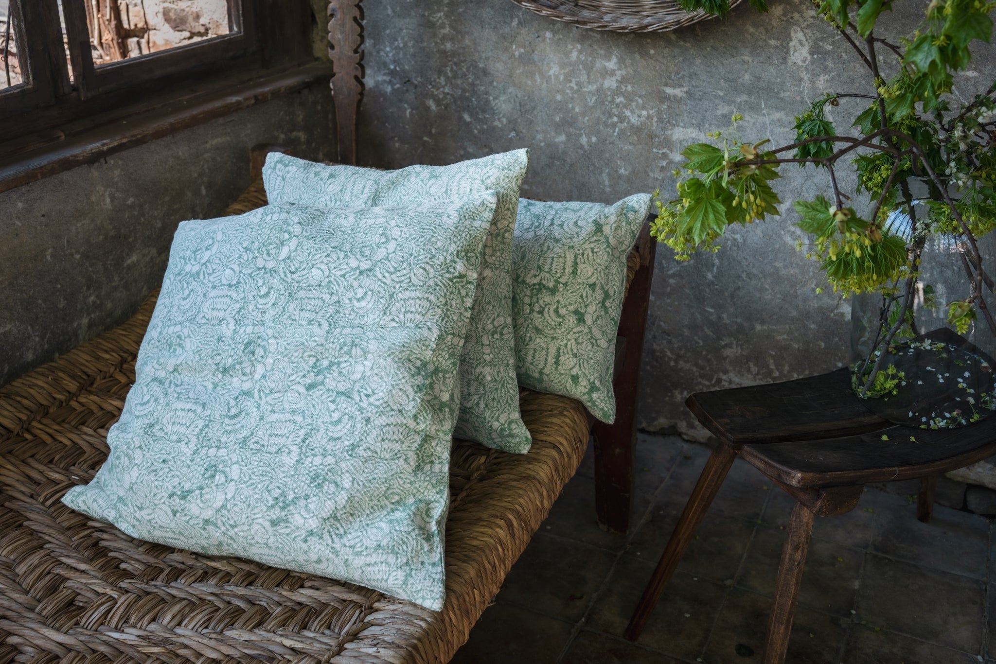 Hand block printed linen pillow with heritage design, perfect for home decor accents.