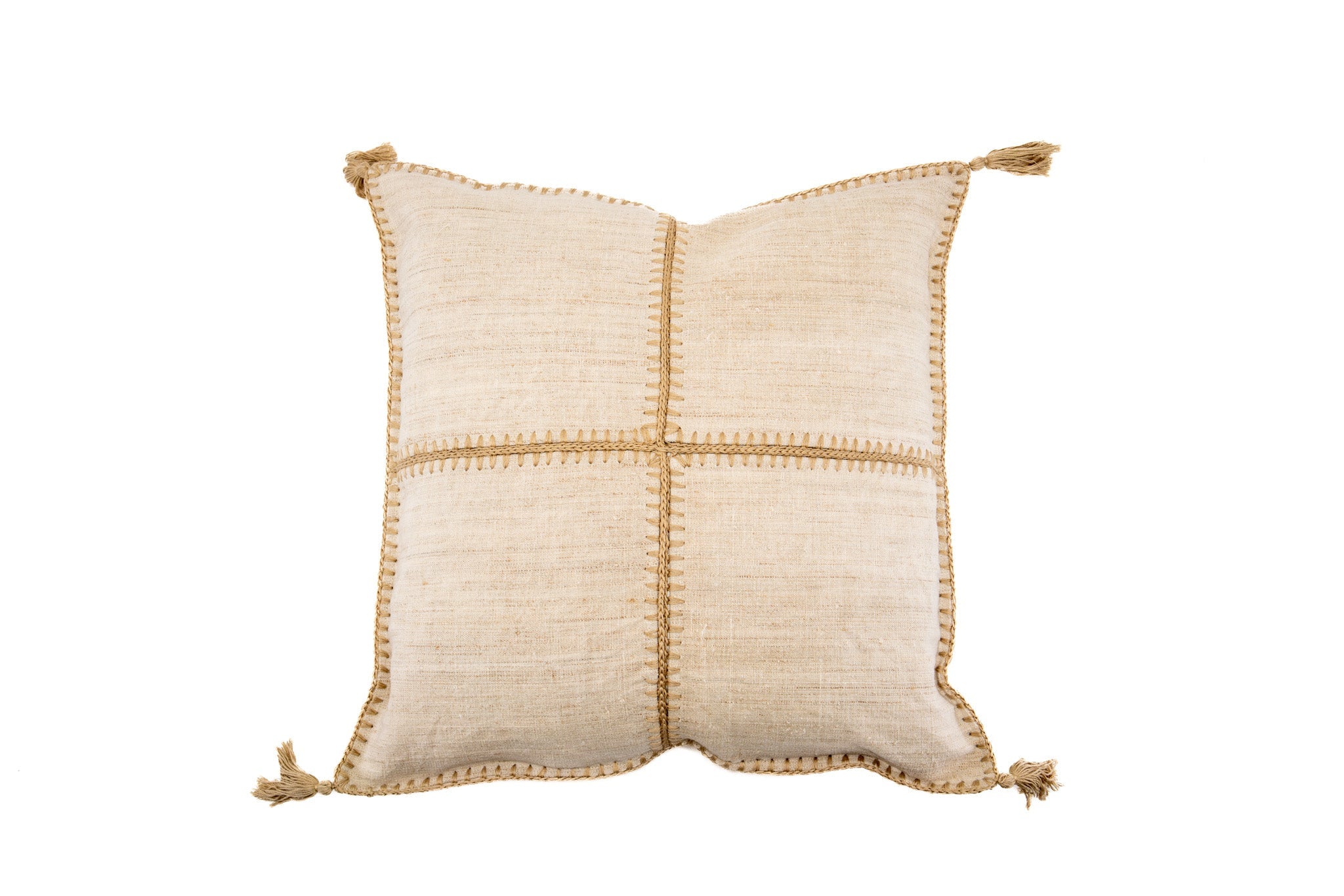 Antique Hungarian handwoven hemp pillow with hand stitching and tassels.