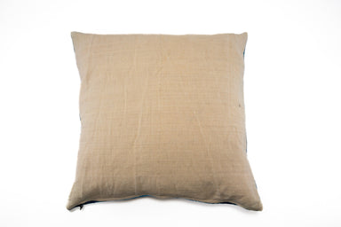 Handwoven antique Hungarian hemp pillow with wax resist indigo design, metal zipper, and recycled goose down insert.