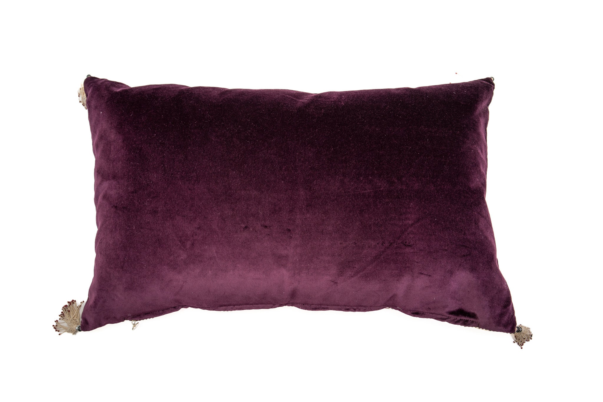 Handwoven Romanian artifact textile pillow with cotton velvet back and metal zipper.