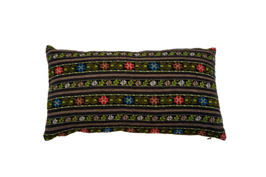 Artifact textile handwoven Romanian pillow with colorful patterns, cotton velvet back, and metal zipper.