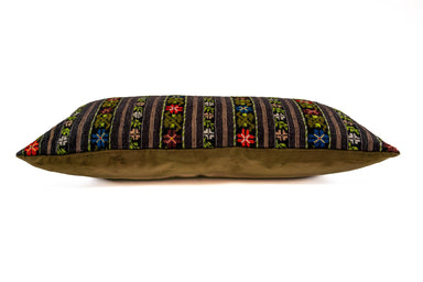 Artifact textile handwoven pillow with custom goose down, cotton velvet back, Romanian design.