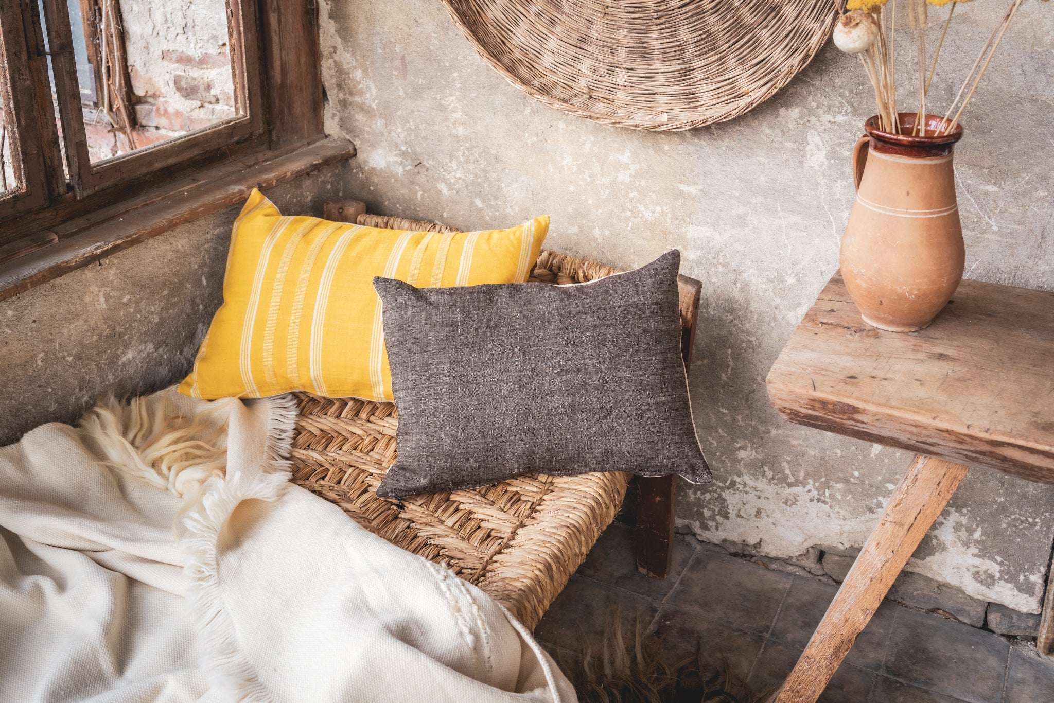 Antique handwoven decorative pillow with custom recycled Hungarian goose down inserts, made in Bulgaria.