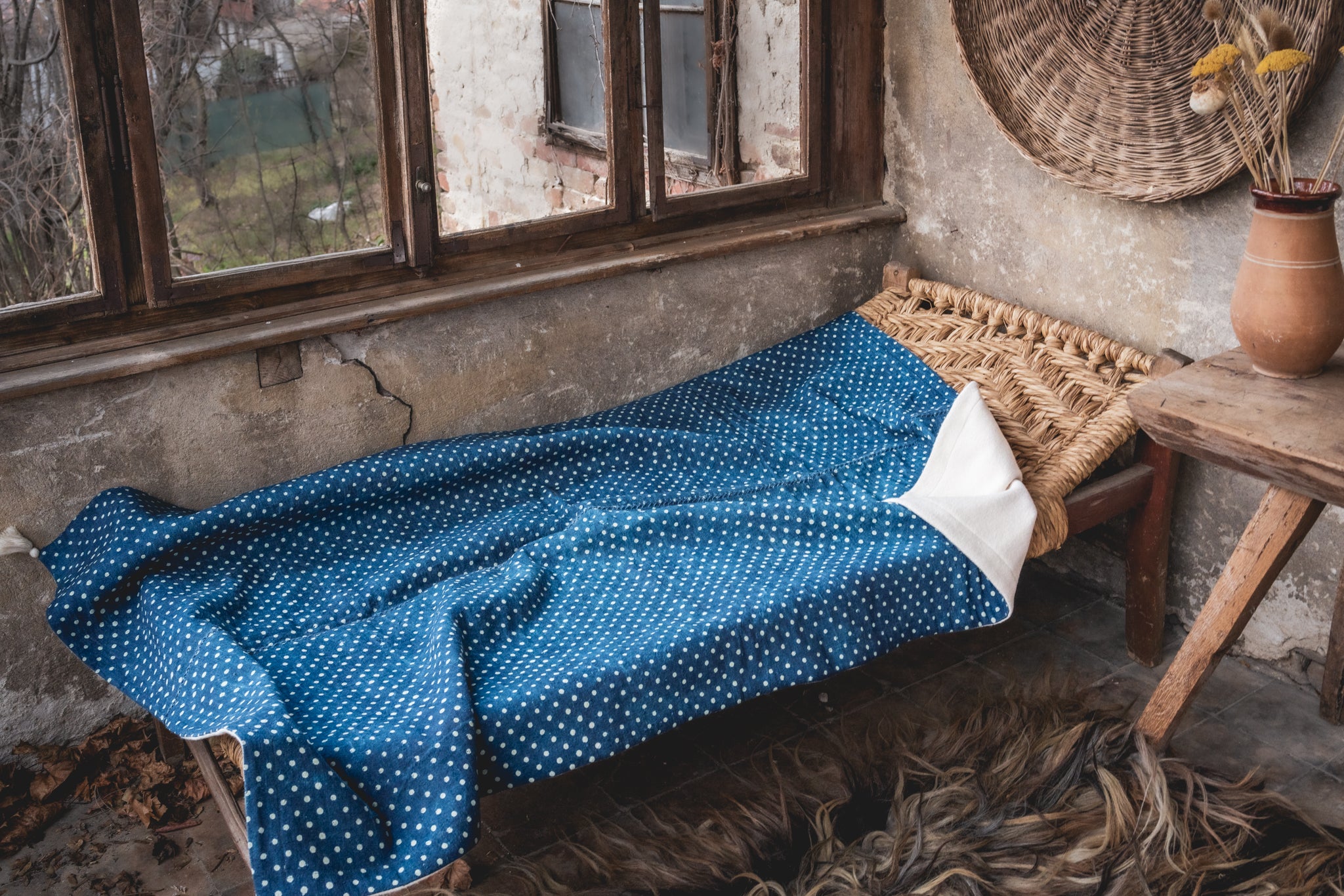 Throw: Indigo - Organic antique handwoven hemp with indigo pattern - TH82