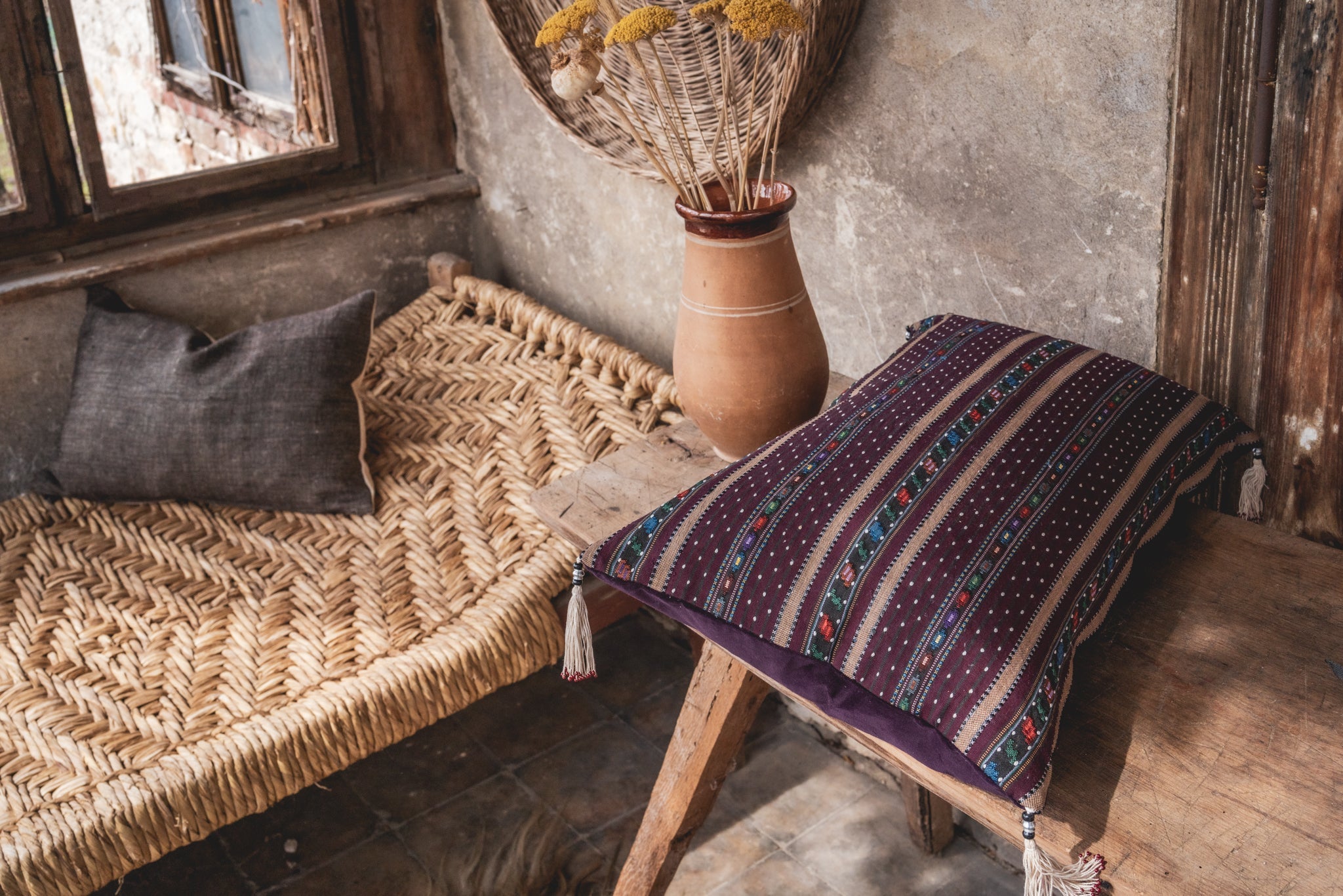 Artifact textile handwoven pillow, Romanian design, with cotton velvet back.