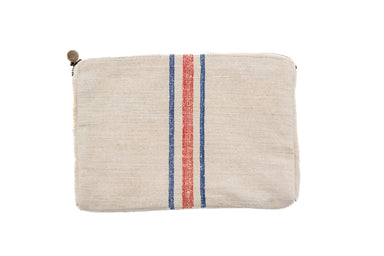 Handwoven antique Hungarian hemp bag with red and blue stripe design.