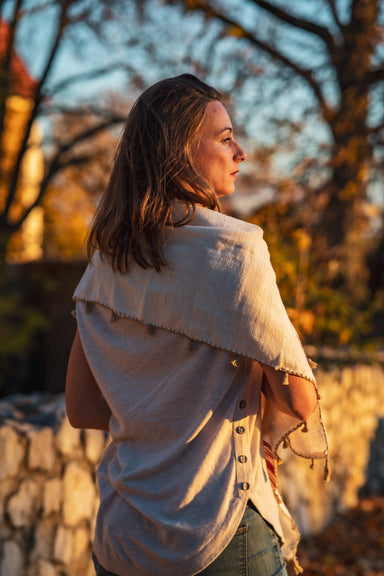 Handwoven silk and wool scarf with fringe, artisan-made in Bulgaria.