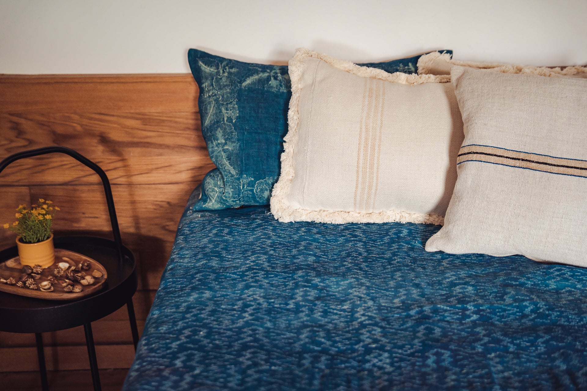 Pillow: Handwoven antique Hungarian hemp, wax resist Indigo - P296
